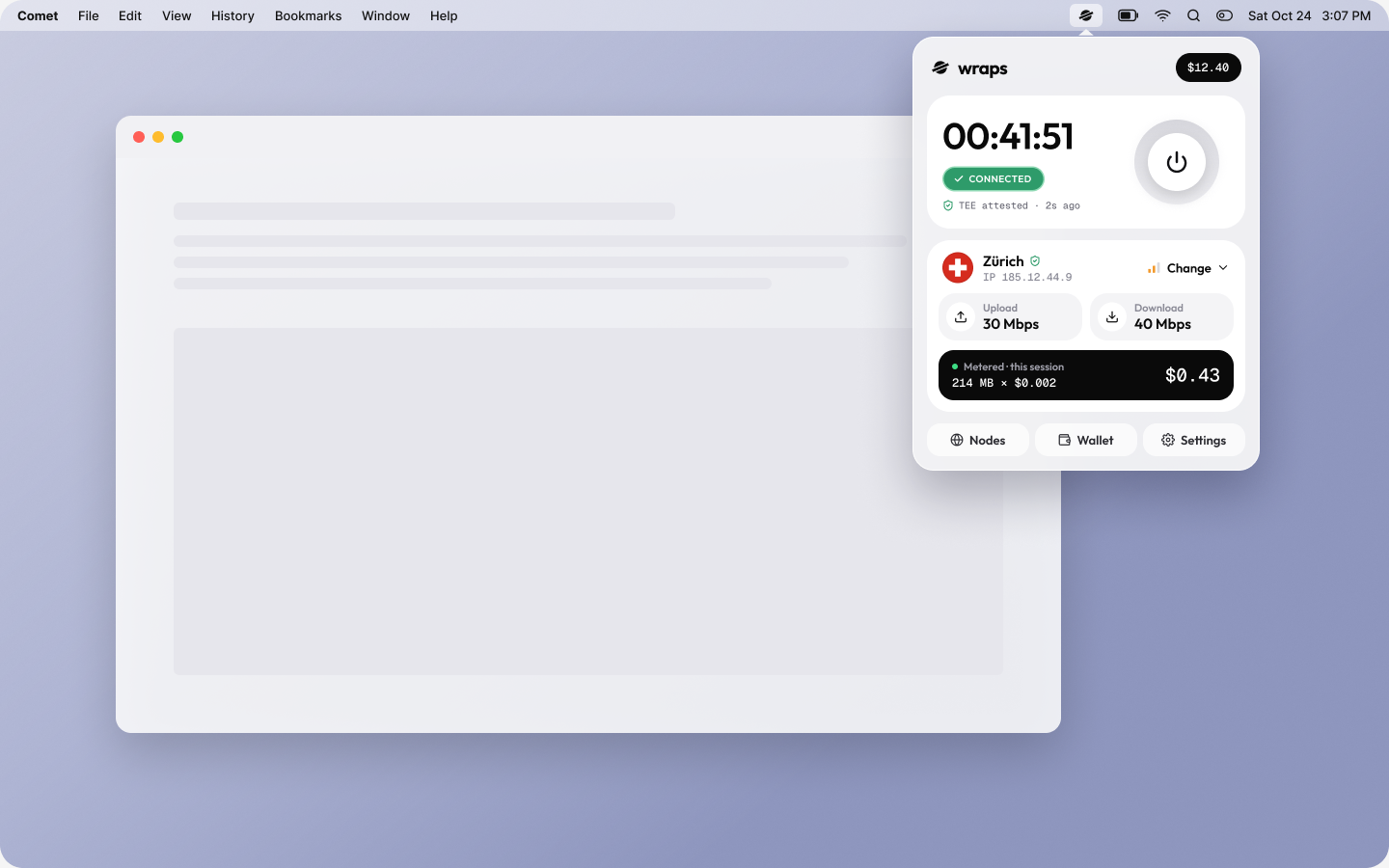 Wraps desktop app connected to Zürich, with a session timer and usage meter