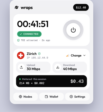 Wraps menu-bar app showing connection status, upload and download speed, and the cost of a session
